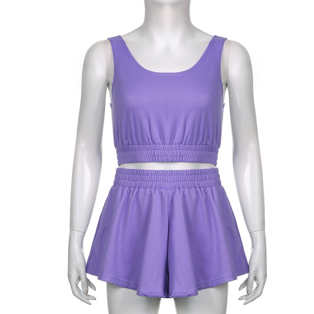 Solid Two Piece Set - Wide Leg Shorts and Crop Top (Jacket sold separately)