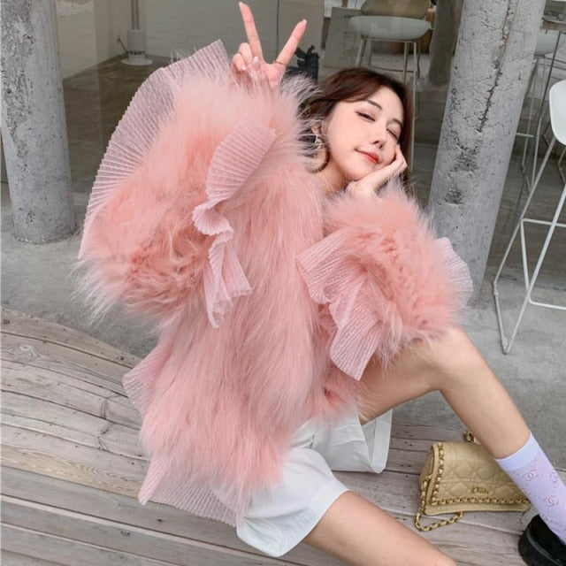 Faux Mink Fur with open-ended Mesh Ruffles