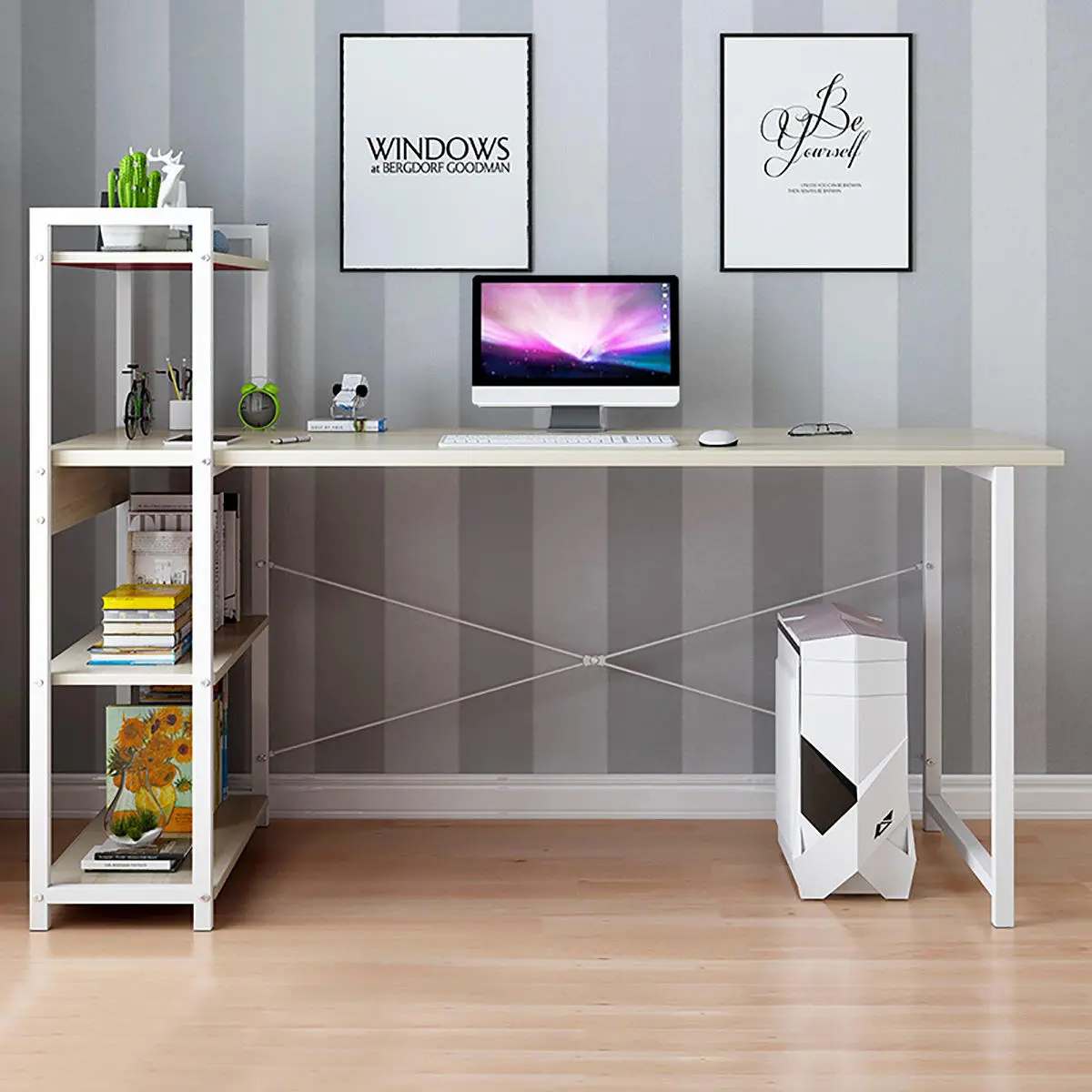 Modern Style Computer Desk with 4 Tiers Bookshelf