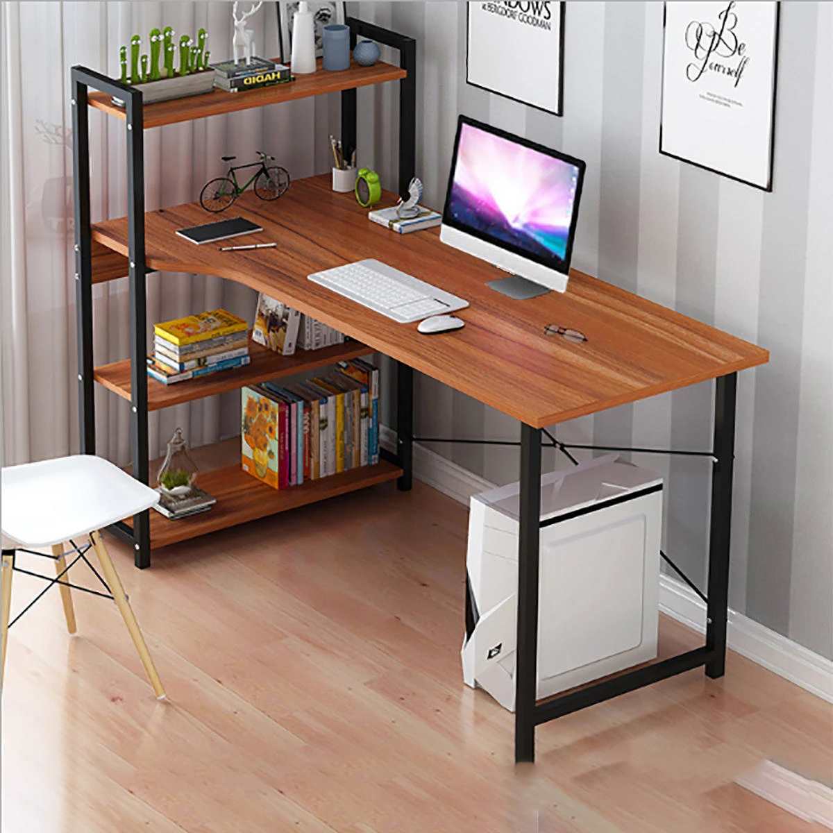 Modern Style Computer Desk with 4 Tiers Bookshelf