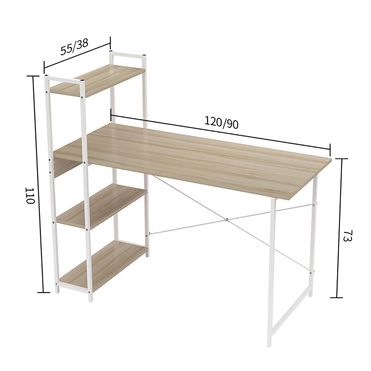 Modern Style Computer Desk with 4 Tiers Bookshelf