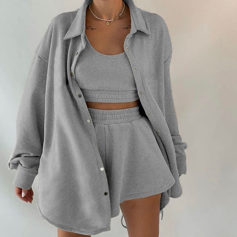 Solid Two Piece Set - Wide Leg Shorts and Crop Top (Jacket sold separately)